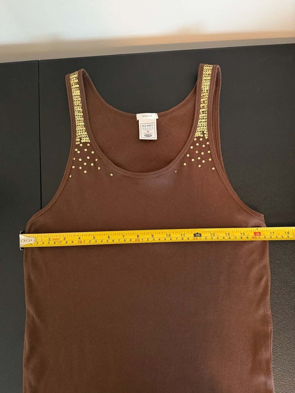 Old Navy Perfect Fit Brown Ribbed Tank Top with Gold Sequin Detail Size XL - Picture 5 of 8